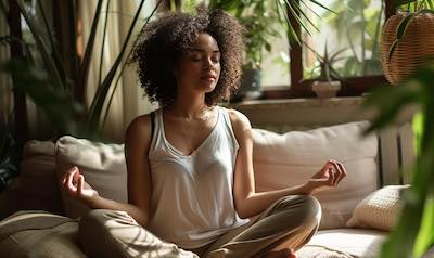 Frau meditiert vor dem Schlafen als Art Bildung für den Geist