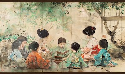 bild aus japan mit Kindern vor einem Kamishibai