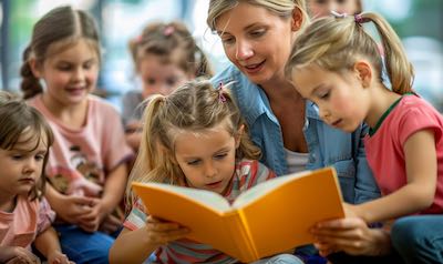 Kindern lesen gemeinsam mit Lehrerin in einem Lernbuch