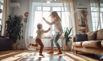 Mutter und aktiver Sohn tanzen im Wohnzimmer
