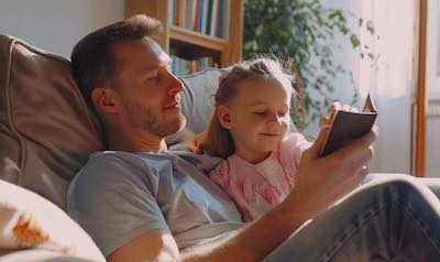 Vater und Tochter hören gemeinsam ein Hörbuch zum Entspannen