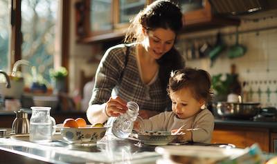 familie bereitet essenszeit mit kindern vor