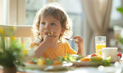 kind isst mit kinderbesteck am tisch