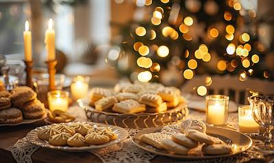 weihnachtskekse vanillekipferl zimtsterne auf festlicher tafel