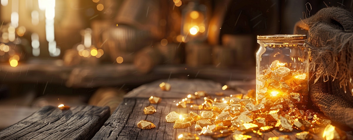 Alter Goldschmuck und Goldbarren auf einer Feinwaage beim seriösen Goldankauf